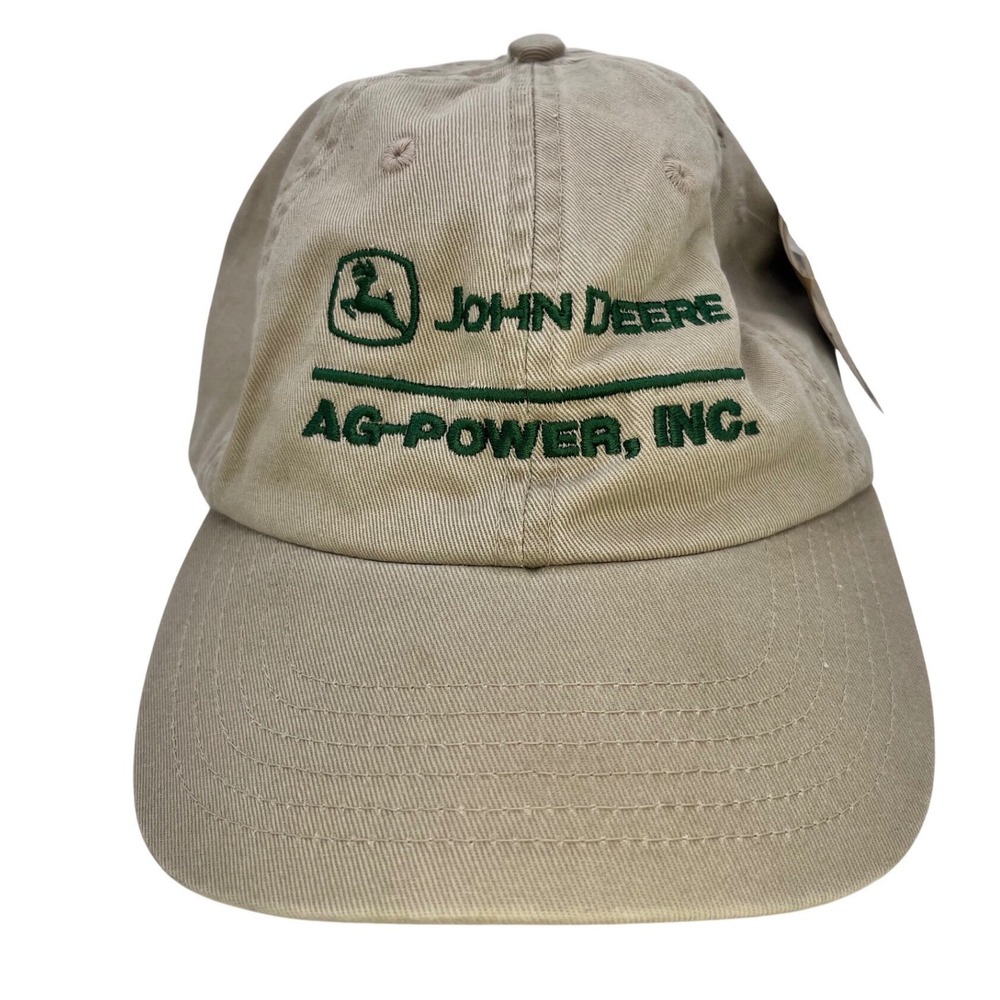 John Deere Ag-Power Inc Hat Mens Khaki Tan Cotton Adjustable Strapback Cap NEW